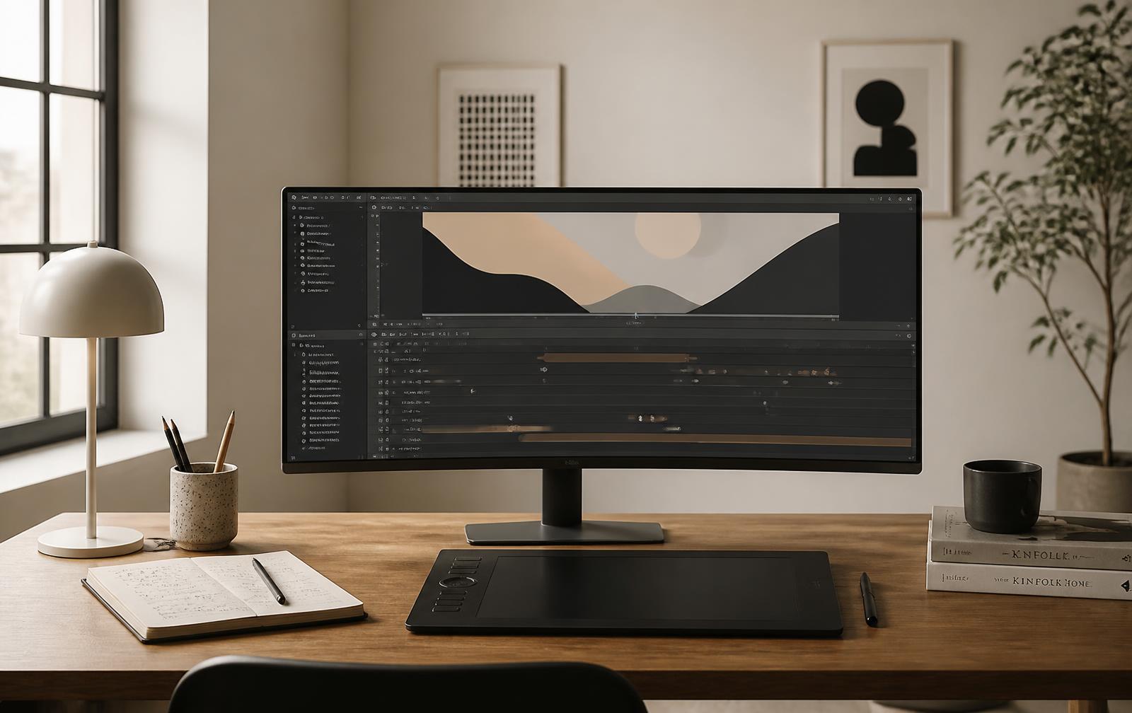 Motion graphics workstation with an ultrawide timeline, tablet and notebook